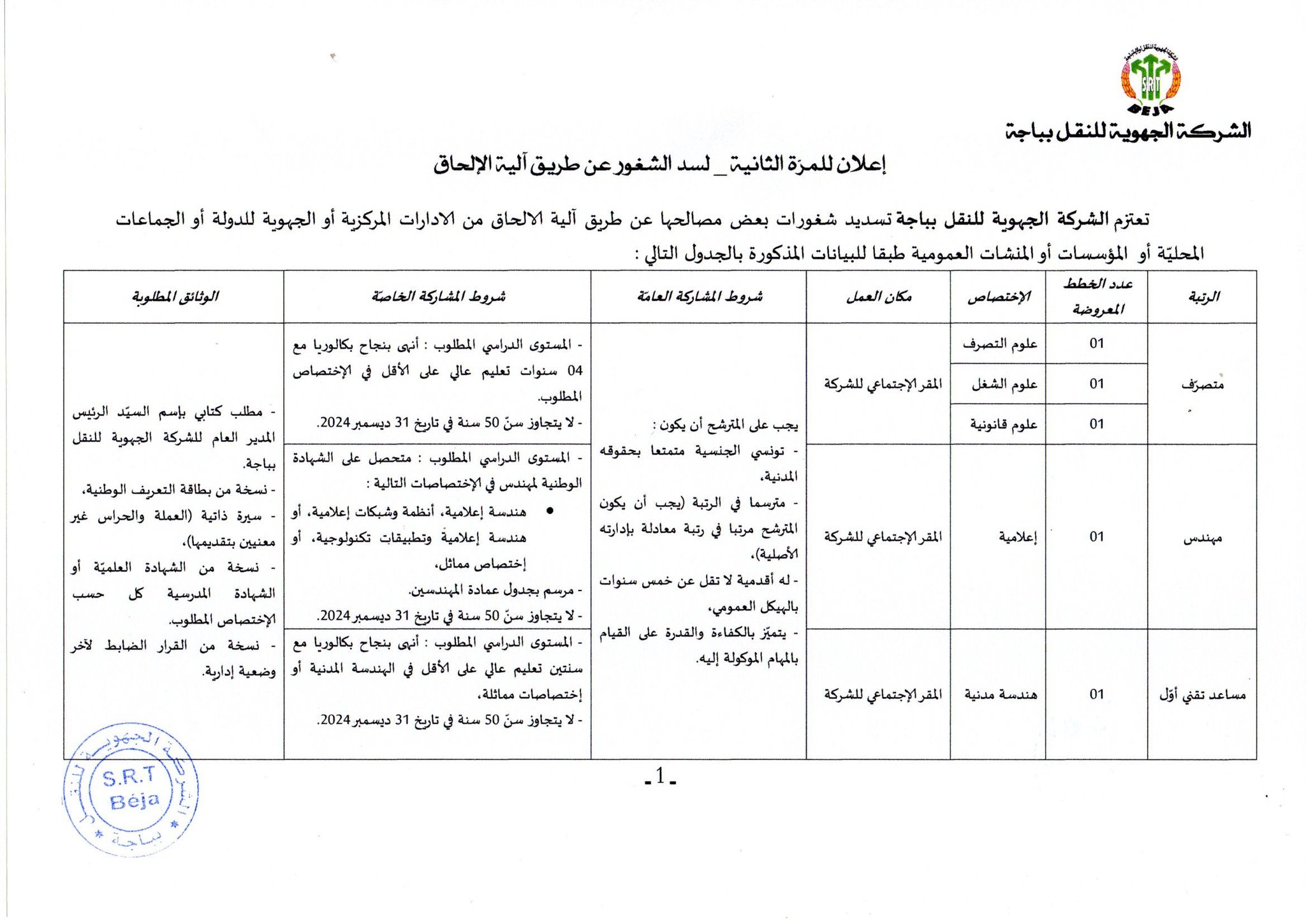 La Société Régionale de Transport de Béja Annonce la Couverture de Certains Postes Vacants